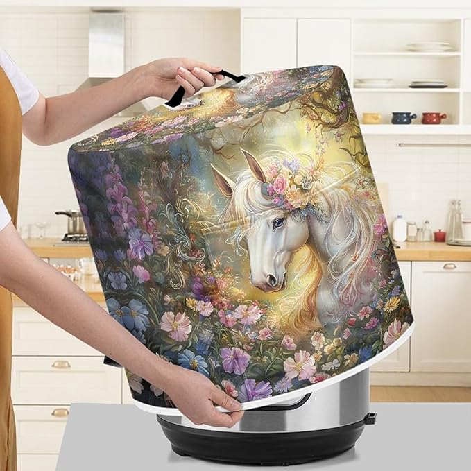 TODIYADDU White Horse Floral Pressure Cooker Cover with Pocket Novelty Air Fryer Cover Dust Cover Insulated Kitchen Appliance Cover Protector for Pressure Cooker Instant Pot Accessories Presents, M