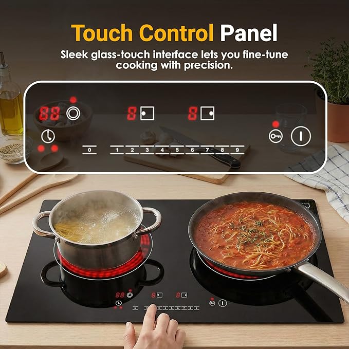 K&H Dual Radiant Electric Cooktop - 12 Inch Built-In Electric Stove Top with 9 Heating Levels - 240V, 3400W Built-in Radiant Ceramic Glass Cooktop - Touch Control, Timer & Child Lock, HCC-3402