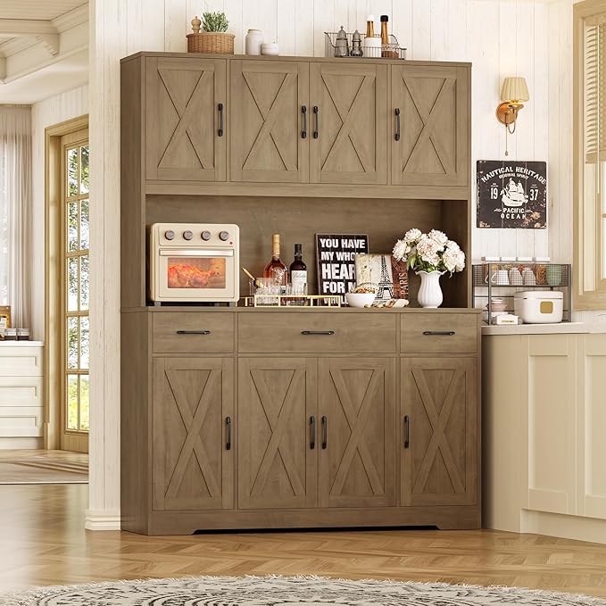 HOSTACK 71" Tall Kitchen Pantry Storage Cabinet with Charging Station, 55" Wide Kitchen Hutch Cabinet with Large Countertop, Farmhouse Food Pantry with Drawers for Living Room, Rustic Brown