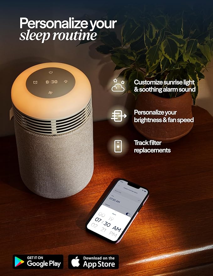 BLUEAIR Purifier for Bedroom - Mini Restful - Sunrise Clock with HEPASilent Filtration and Wake Up Light - Cleans Air and Supports Circadian Rhythm - USB-C and App Connectivity, Beige