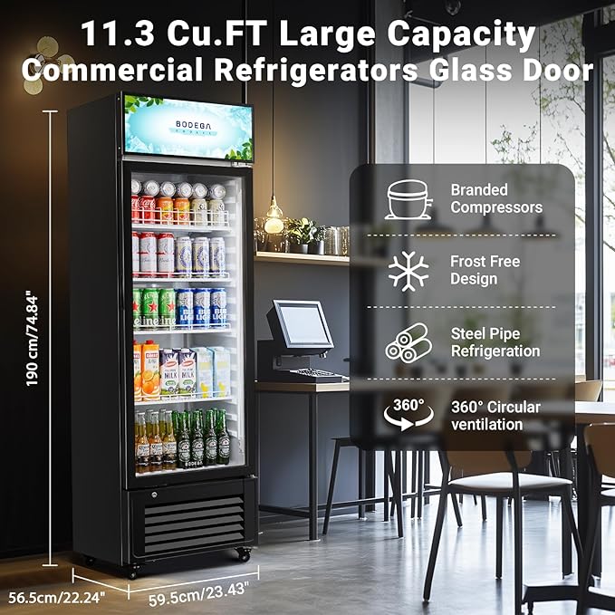 BODEGACOOLER Commercial Refrigerators with 4 shelves, 240 cans &160 bottles Beverage, 11.3 Cu. Ft. Commercial Merchandiser Refrigerators with Soft LED Light,For Garage, Gym, Man cave, Shop, Office.