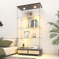 Yoluckea 4 Tier Glass Display Cabinet with LED Lighting and 2 Drawers, 2 Doors Floor Standing Curio Cabinet with Wheel for Home, Office, Corner Display, Black Glass Bookshelf for Collections and Decor