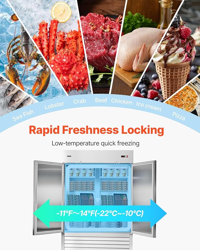 VEVOR Commercial Reach-In Freezer 54" W, 44 Cu.Ft Stainless Steel Upright Freezer with Double Doors, Auto-Defrost, 8 Adjustable Shelves, -11 to 14℉ Temp Control, ETL Certified