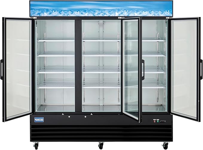 Kratos Commercial Three Door Merchandising Refrigerator, Large Swing Glass Door Black Mobile Display Refrigerator for Markets and C Stores, 78" Wide, LED Lighting, 115V (67K-212)