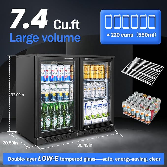 Back Bar Cooler with 2 Glass Doors Commercial Under Counter Beverage Refrigerator 7.4 Cu.ft. ETL Black Drink Fridges for Bar,Office,Convenience Stores