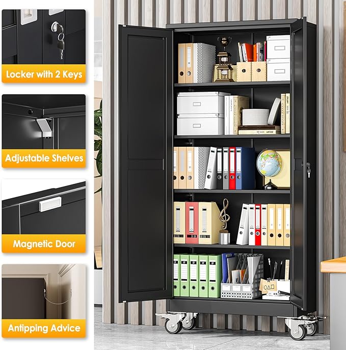 71''H Tall Metal Garage Storage Cabinet with Wheels,Steel File Cabinets with 2 Doors and 4 Adjustable Shelves for Home Office, Warehouse, Required Assembly,Black