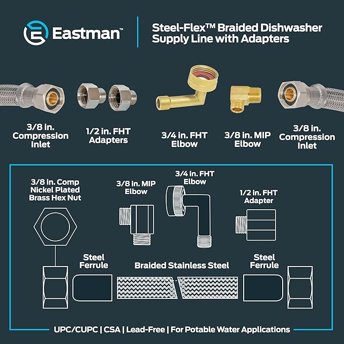 Eastman Dishwasher Installation Kit, 12 Ft Braided Stainless Steel Supply Line with Adapters, 3/8 Inch Compression Ends, 69008