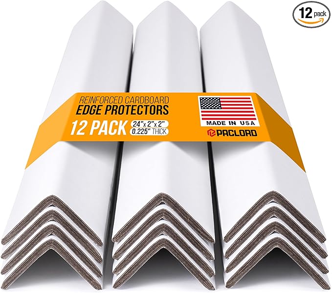 24" x 2" x 2" Reinforced Cardboard Edge Protectors, White (Pack of 12) – 0.225" Thick Extra Heavy-Duty Cardboard Corner Protectors – American Quality V-Board Pallet Edge Protectors