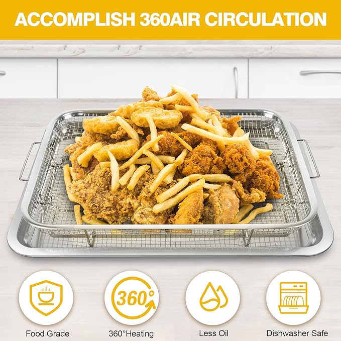 Extra Large Air Fryer Basket for Oven 18 x 12 Inch Stainless Steel, Oven Air Fryer Basket and Tray Set with 30 PCS Parchment Papers, Bacon Cooker Broiler Pan for Oven, Bakeware Sets Oven Rack-2 Piece