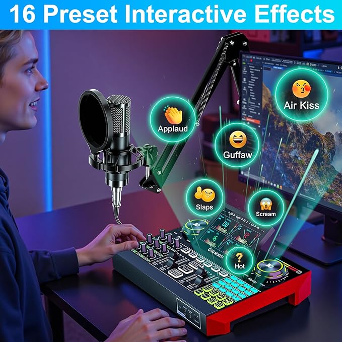 Podcast Equipment Bundle with 3.5mm Condenser Microphone for Pc/Phone Live Streaming Singing Gaming, Podcast Microphone Bundle with Live Sound Board Audio Mixer Denoise,DJ Sets