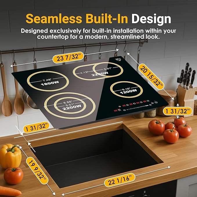 K&H 4 Burner Electric Cooktop - 24 Inch Built-In Radiant Ceramic Stove Top - 17 Power Levels & Touch Control, Compatible with All Cookware, 240V, 7200W High-Power Built-in Electric Stove, CE24-7206SL