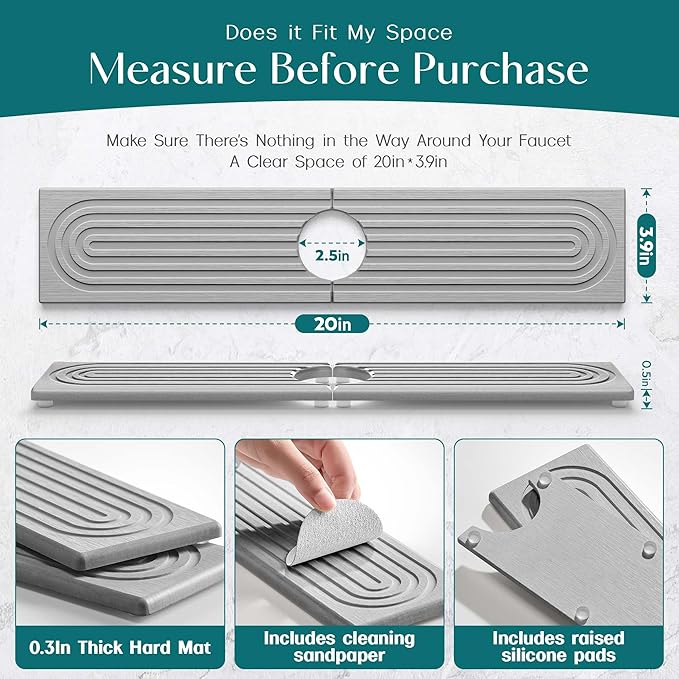 Faucet Mat for Kitchen Sink - Diatomaceous Earth Faucet Splash Guard, Fast Drying Sink Protector - Water Absorbing Stone for Bathroom Sink (Grey, 20'' x 3.9'')