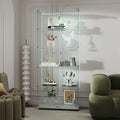 Glass Display Cabinet with LED Light Strip, 5 Shelves with 2 Doors, Glass Top Curio Storage Cabinets with Lock & Caster for Living Room,Floor Standing Bookshelf, Quick Installation - White