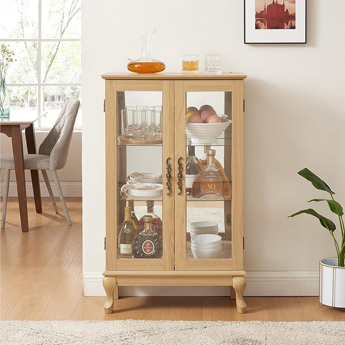 43" H Lighted Curio Cabinet Display Case, Glass Curio Cabinet with Adjustable Shelves & Tempered Glass Door, Wooden Cabinets with Mirrored Back Pane for Living Room (Light Oak)