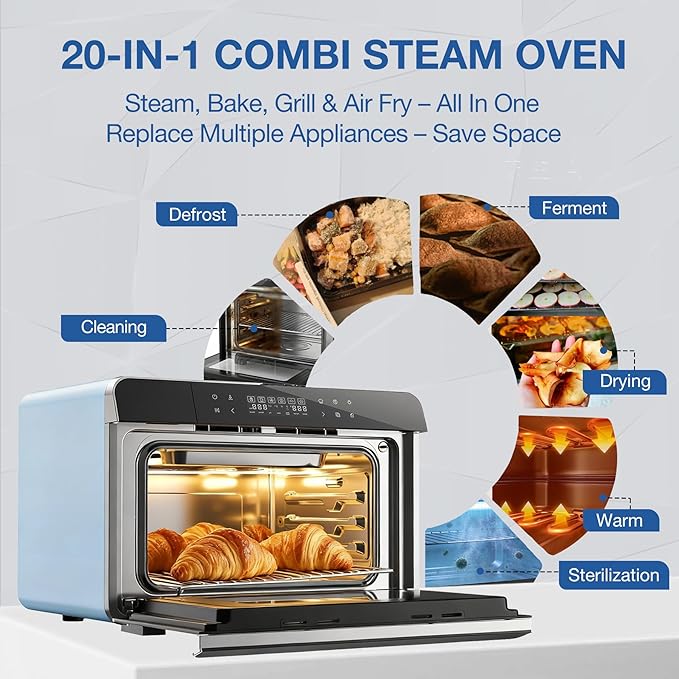 ROBAM Countertop Combi Steam Oven, 20-in-1 Multifunction Air Fryer, Convection Steam Roast & Bake, Multi-Stage Cooking, Self-Clean, Heat-Resistant, 7 Modes, 30 Built-In Recipes CT763 (Blue)