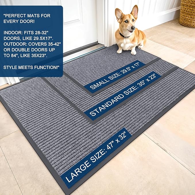 OLANLY Front Door Mat Indoor Outdoor Entrance, Waterproof Heavy Duty Doormat, Fade Resistant, Low Profile, Easy Clean Patio Porch Welcome Floor Mats for Entry, 47x30, Light Gray