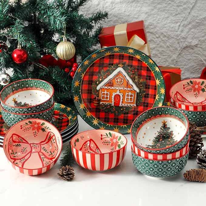 Ceramic Soup Bowls Set of 6,30 Ounce Stoneware Cereal Bowl,Porcelain Nesting Bowls for Oatmeal,Popcorn,Soup,Pasta,Fruit,Christmas Gift,Microwave & Dishwasher Safe,Christmas Bow