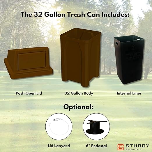 32 Gallon Square 100% Recycled Plastic Heavy Duty Indoor or Outdoor Commercial Trash Can with Push Lid | Great for Schools and Businesses - Brown