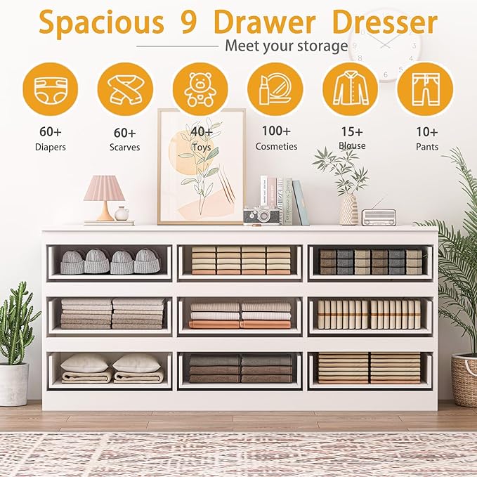 9 Drawers Dresser with Charging Station, Modern Large Dresser with 9 Handle Free Drawers, Wood Chest of Drawers for Bedroom, Living Room, Entryway, Hallway, White