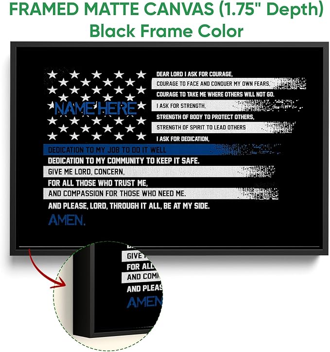 Personalized Police Poster & Framed Canvas, Police Officer Prayer Thin Blue Line Home Office Decor, Custom Name Bedroom Living Room Aesthetic Wall Art Gift For Men, Women, Son