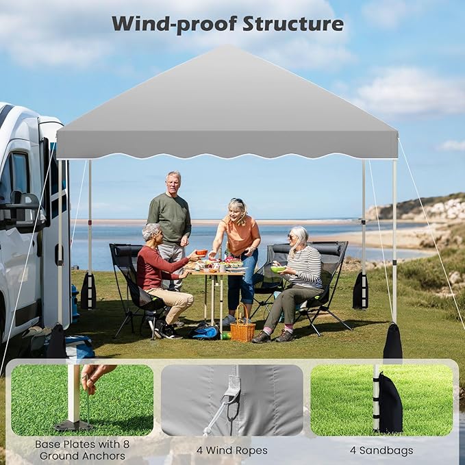 Tangkula 10x10 FT Pop Up Canopy, UPF50+ Easy Set up Instant Tent with Wheeled Bag, 8 Stakes, 4 Anchors, 4 Wind Ropes, 4 Sandbags, Heavy Duty Outdoor Canopy Tent 10x10 for Patio Party Backyard (Gray)