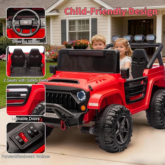 Kids 24v 2-Seater Electric Ride on Car,24v 4x4 Kids Electric Truck with Remote Control,2-Seater Ride-on Car, Spring Suspension & LED Lights for Backyard Exploration