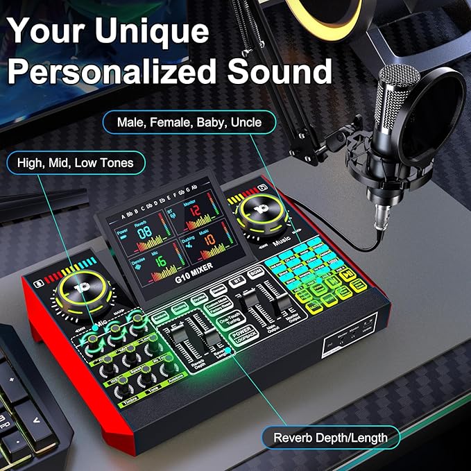 tenlamp Podcast Microphone Bundle with Live Sound Board Audio Mixer, Podcast Equipment Bundle with 3.5mm Boom Mic(P15) for Pc/Phone Live Streaming Singing Gaming, Voice Changer, Denoise