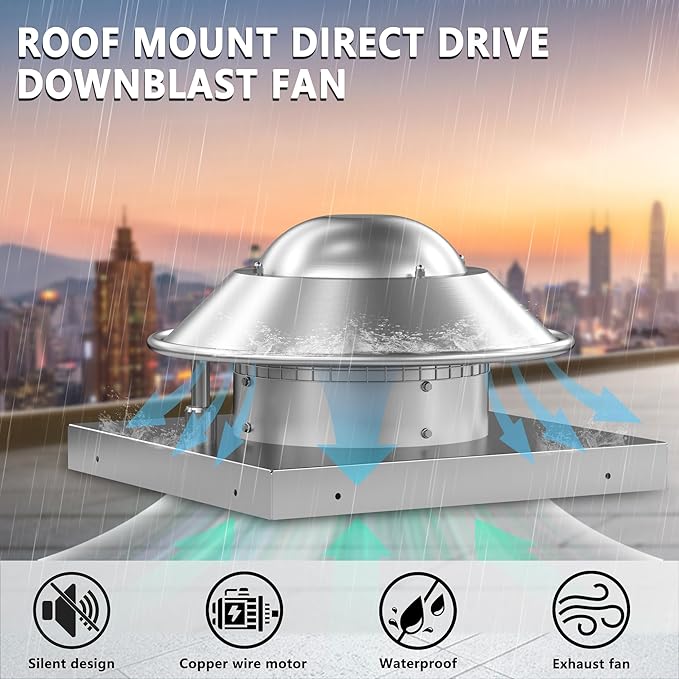 Direct Drive Axial Downblast Exhaust Fan Roof Exhaust Fan -19" Fan Base, 1/10 HP 115 Volt Single Phase Motor 830 CFM, ETL Listed