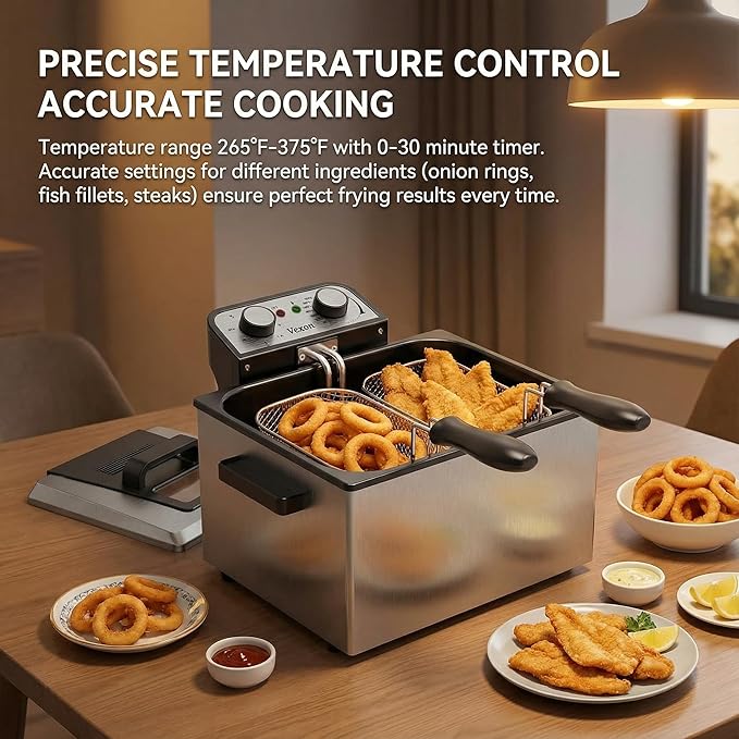 Electric Deep Fryer for Home Use, 1800W Stainless Steel Countertop Fryer with 5L Oil Tank, Removable Frying Basket & Adjustable Temperature
