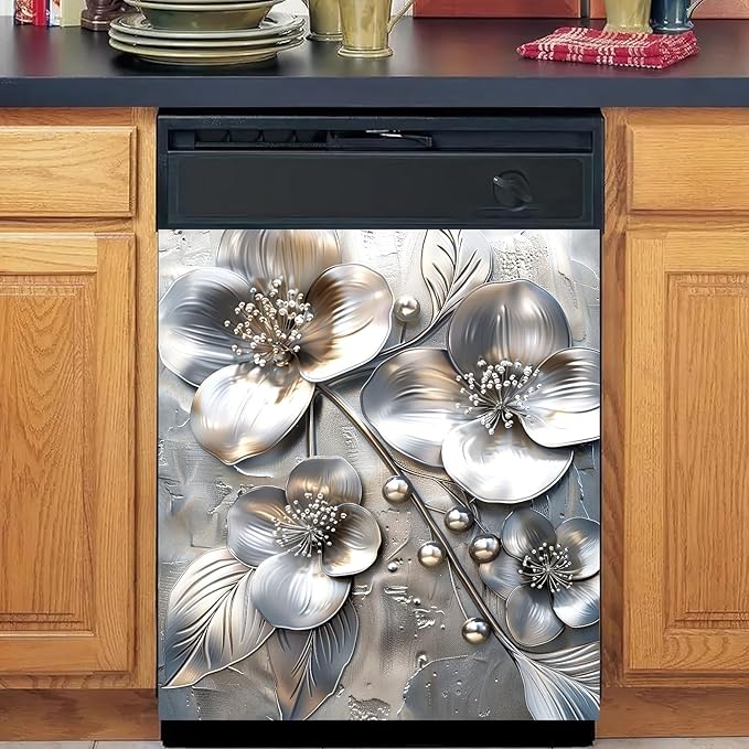 Silver Embossed Flower Magnetic Dishwasher Cover 23x26 Inch Floral Pearl Panel for Fridge Appliance Kitchen Door Magnet Sticker Surface Wrap Decorative Metal Look Art