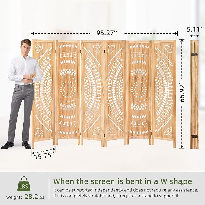 6 Panel Room Divider, 5.6 Ft Foldable Wood Room Divider Screen, Hand-Woven Folding Privacy Screens with Double Hinges, Wall Divider for Room Separation Bedroom Home Office - Carved Natural