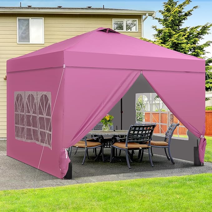 Saemoza 10x10 Pop Up Canopy Tent with One Push Setup, Portable Sun Shade Tent, Instant Easy Up Canopy with 4-Sidewalls & Handbag, Outdoor Fldable Gazebo with Vent Top, Pink.