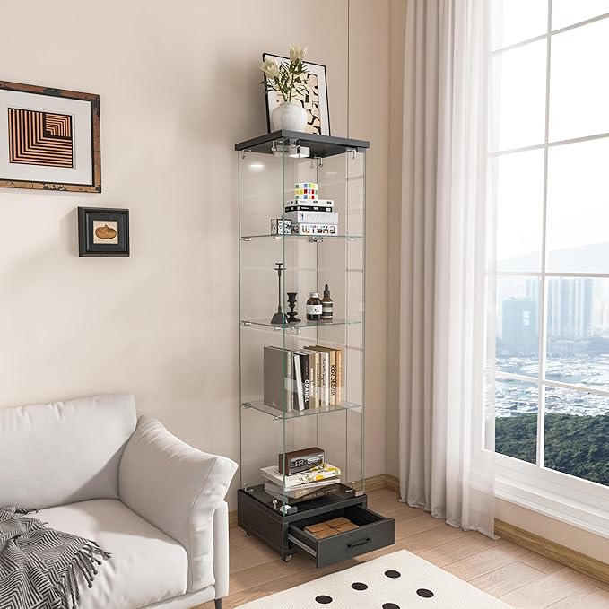 Yoluckea 4 Tiers Glass Display Cabinet with LED Lighting and Drawer, 1 Door Floor Standing Curio Cabinet with Wheel for Home, Office, Corner Display, Black Glass Bookshelf for Collections and Decor