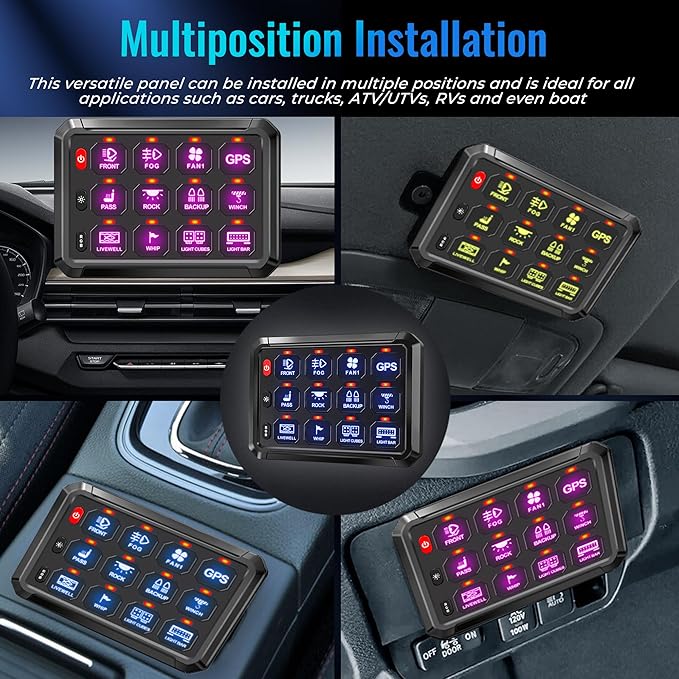 RGB 12 Gang Switch Panel,12-24V Bluetooth APP 230FT 433M Long Range, Auxiliary Backlit Off Toggle Flash Multifunction Toggle Switch Momentary Circuit Control Relay System Box Universal for Car