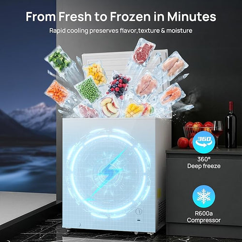 10 Cu.Ft Chest Freezer, Small Compact Deep Freezer with Adjustable 7 Thermostat, 2 Removable Baskets, Energy Saving, Quiet Top Open Door Mini Meat Freezer with LED Light for Garage Outdoor Home Office
