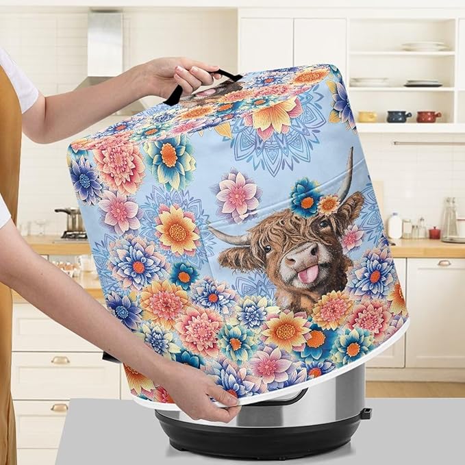 Xoenoiee Electric Pressure Cooker Cover Boho Mandala Highland Cattle Pattern Kitchen Appliance Dust Cover with Pockets, Compatible with Crock Pot, Rice Cooker, for 3 Qt Pot