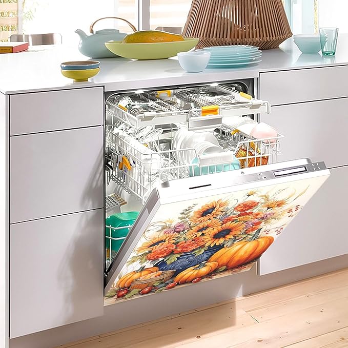 Sunflowers Pumpkins Thanksgiving Autumn Dishwasher Magnet Cover Sticker Magnetic Refrigerator Panel Front Door Fridge Microwave Decal Decorative