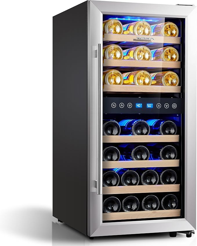 Phiestina Wine Cooler Refrigerator 16 inch Freestanding Wine Refrigerator 33 Bottles Dual Zones Mini Wine Fridge Auto Defrost with Temperature Memory Glass Door 7 Removable Shelves Quiet