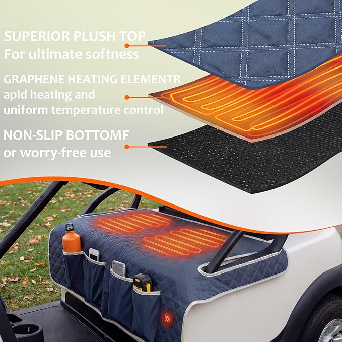 Heated Golf Cart Seat Covers, Golf Cart Heater USB, USB Interface Power Supply, Universal 2-Person Winter Seat Cover, 3-Level Heating for Yamaha EZGO Club Car, Golf Cart Seat Covers, Navy Blue