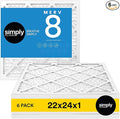 Simply 22x24x1 Air Filter, Merv 8, 6 Pack, For Home AC Furnace & HVAC (Actual Size: 21.75"x23.75"x0.75") DUST, Pet, & Allergy Control