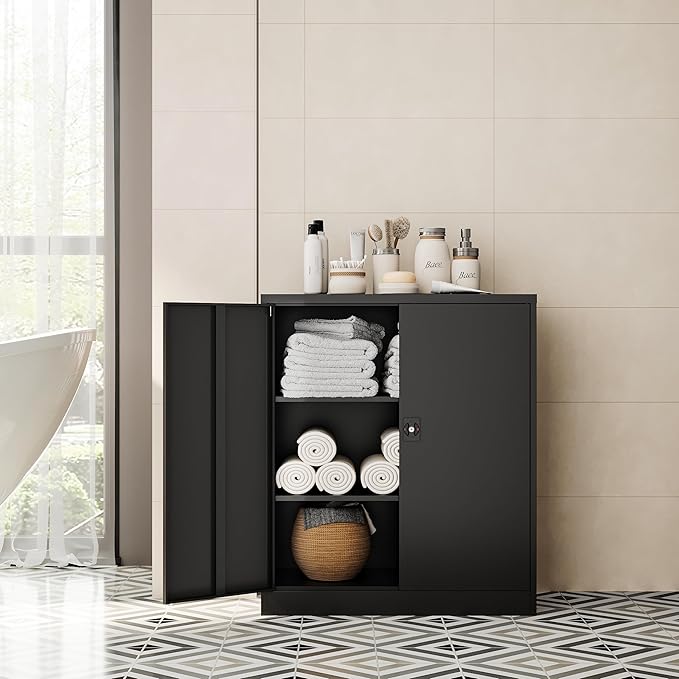 Metal Storage Cabinet-36” Tall Steel File Cabinets with Lockable Doors and Adjustable Shelves-Black Steel Storage Cabinet for Home Office, School, Garage