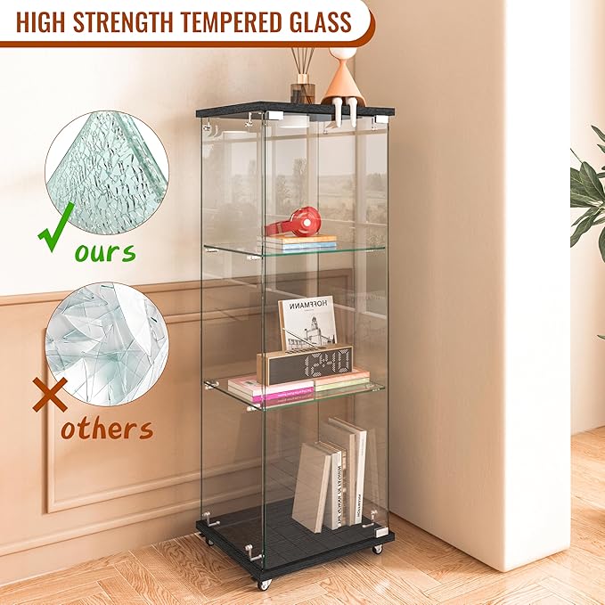 Yoluckea 3-Shelf Glass Display Cabinet with LED Lights, 1-Door Floor Standing Curio Cabinet with Universal Wheel for Home or Office, Black Glass Bookshelf for Collections, Decor, and Corner Display
