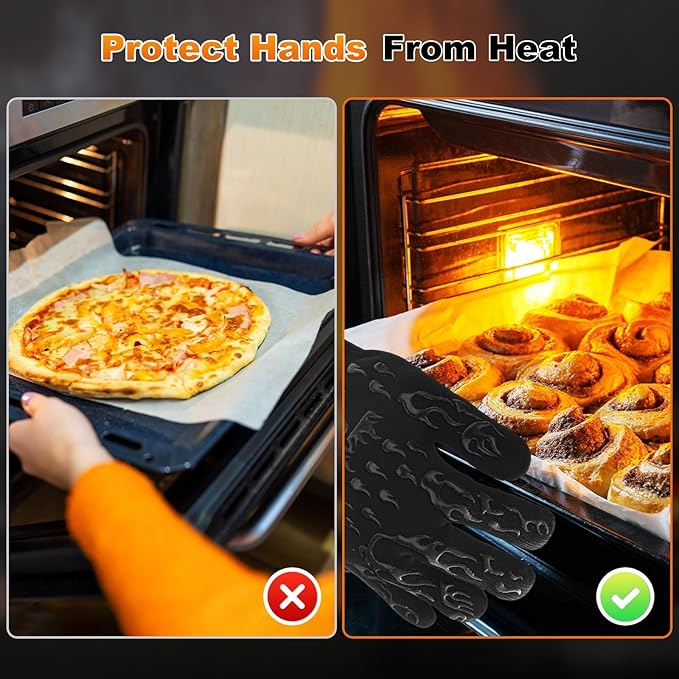 1-Pair BBQ Gloves, 1472°F Heat Resistant Non-Slip Grilling Oven Gloves for Barbecue/Baking/Cooking [S Size, Black]