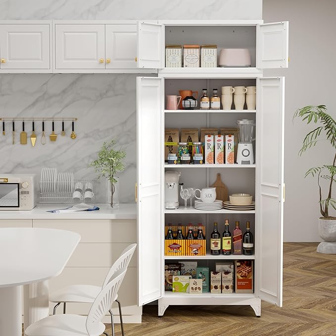 Kitchen Pantry Storage Cabinets, 90" Tall Metal Storage Cabinet with Doors and 4 Shelves, White Pantry Cabinet, Utility Kitchen Cupboard, Large Steel Cabinets for Dining Room, Office, Living Room