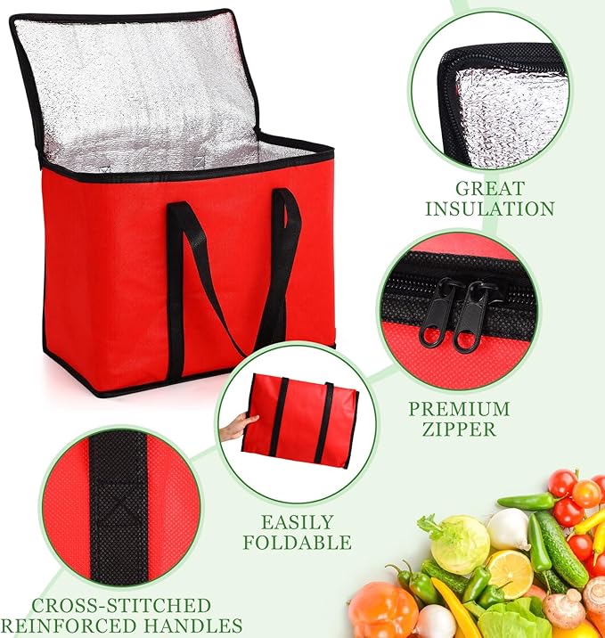 Kenning 15 Pcs Large Insulated Reusable Grocery Bags with Sturdy Zipper and Handles Foldable Washable Cooler Totes Heavy Duty Hot or Cold Food Delivery Bag for Food Transport Travel Lunch (Red Black)