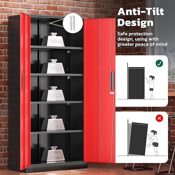 Greenvelly Metal Garage Storage Cabinet, 72" H Steel Lockable Storage Cabinet with 2 Doors and 4 Adjustable Shelves,Tall Metal Cabinet Locking File Cabinet for Office,Home, Garage, Gym, School