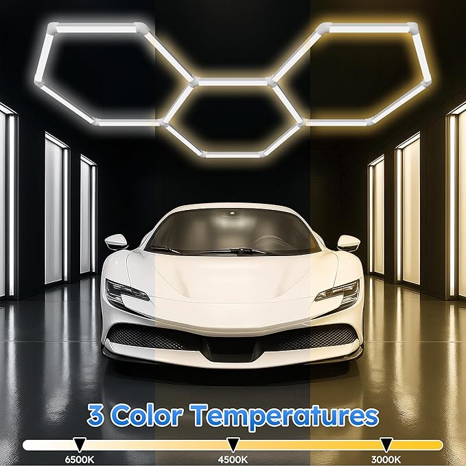 Hexagon Garage Lights - Upgraded 3-Stage Color Temperature, Dimmable Hexagon Lights with Switch, 3000K 4500K 6500K,High Brightness 3 Grids Hex Lighting for Gym, Barber Shop, Car Detailing