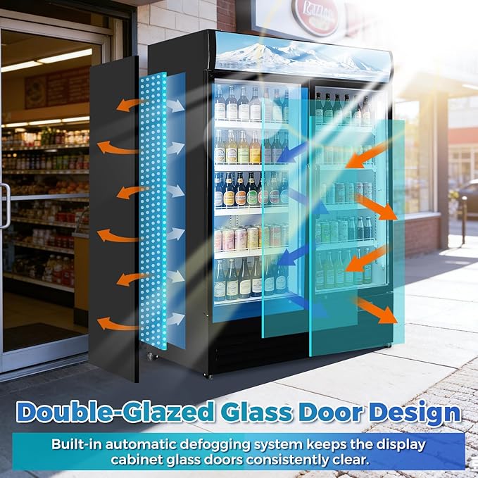 36 Cu Ft Commercial Beverage Refrigerator with 2 Glass Doors - Upright Drink Cooler Merchandiser with LED Light Display, 8 Adjustable Shelves, Black, ETL Approved for Business & Retail
