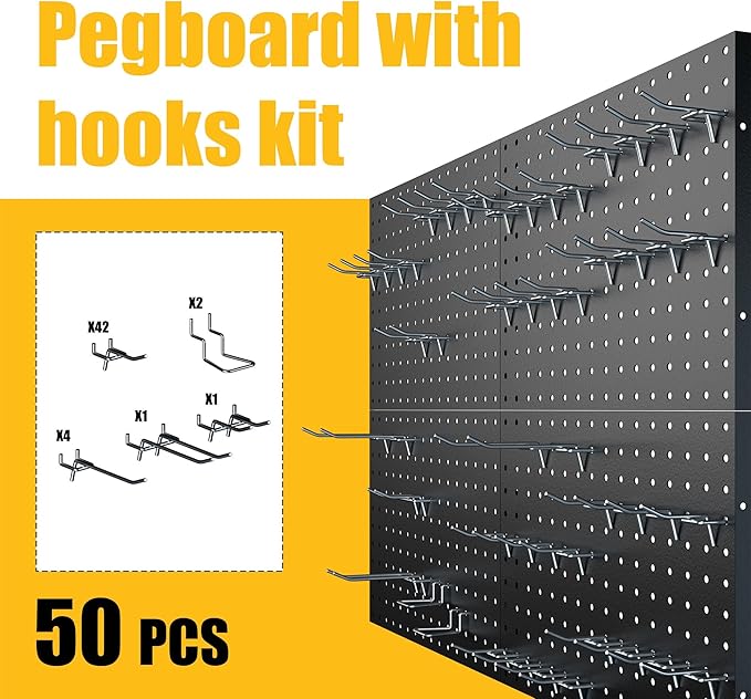 Peg Board, 4 Pack Metal Pegboard Panels with 50 Hooks, Black Pegboards Wall Organizer, Heavy Duty Peg Board for Walls Home, Garage Tool Storage, Office Organization, Craft Room, Kitchen