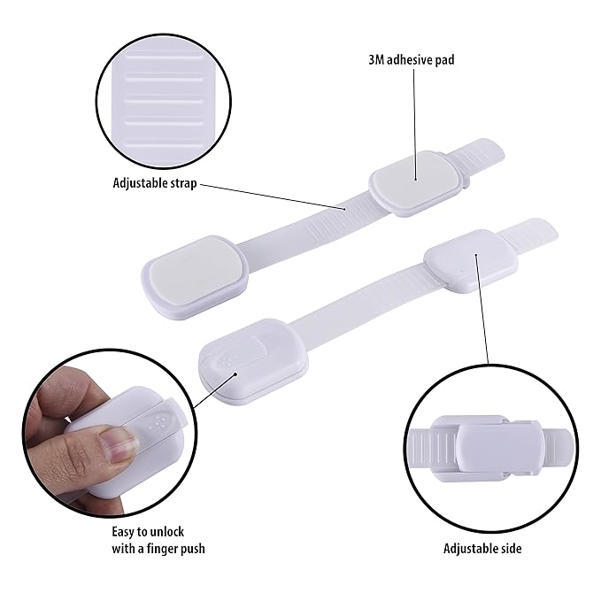 Child Safety Cabinet Locks (2 Pack) – Adjustable Baby Proofing Strap Latches with Strong 3M Adhesive – No Drill Childproof Locks for Drawers, Cabinets, Fridge, Door, Closet, White